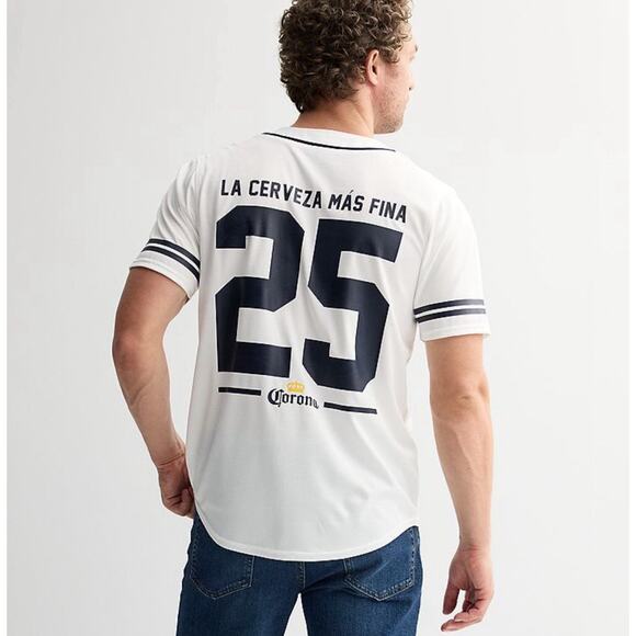 Corona La Cerveza Mas Fina 25 Small Graphic Button Front Baseball Jersey Men - Picture 2 of 3